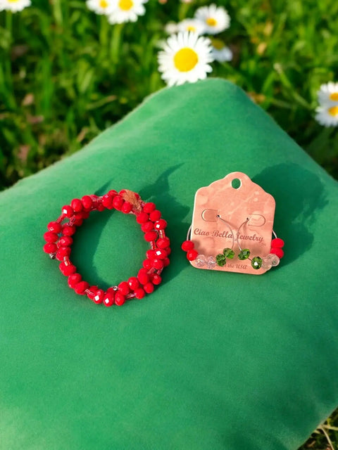 Blood Red Beaded Wrap Bracelet with Crystal Green Hoop Earrings – Festive Jewelry Set | Made in USA Michelle Marie Boutique  Bracelet Set