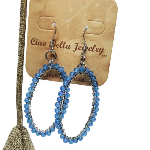 Blue Agate Beaded Oval Hoop Earrings – Sterling Silver Wire Wrap | Handcrafted Made in USA Statement Jewelry Michelle Marie Boutique  Earring