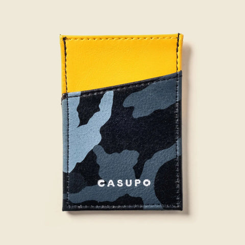 Blue Camo and Yellow Leather Card Case Wallet 2.75x4 Inch | Handmade in USA CASUPO  Slim Card Holder