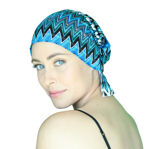Blue Geo Stripe Jersey Knit Chemo Beanie – Signature Slip-On | Made in USA – Sabrina Chemo Beanies®  B2Customer