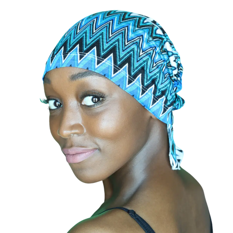 Blue Geo Stripe Jersey Knit Chemo Beanie – Signature Slip-On | Made in USA – Sabrina Chemo Beanies®  B2Customer