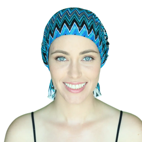 Blue Geo Stripe Jersey Knit Chemo Beanie – Signature Slip-On | Made in USA – Sabrina Chemo Beanies®  B2Customer