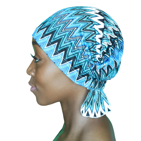 Blue Geo Stripe Jersey Knit Chemo Beanie – Signature Slip-On | Made in USA – Sabrina Chemo Beanies®  B2Customer