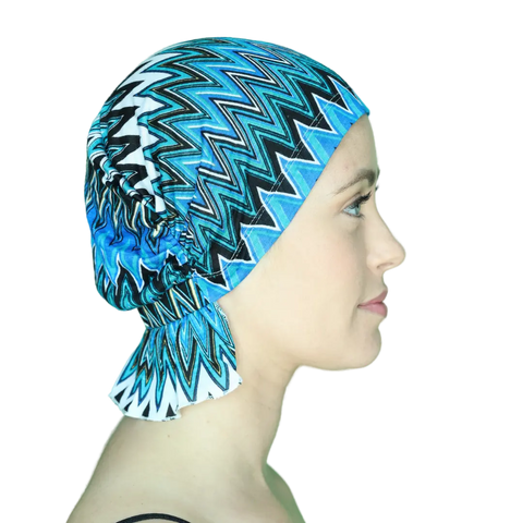 Blue Geo Stripe Jersey Knit Chemo Beanie – Signature Slip-On | Made in USA – Sabrina Chemo Beanies®  B2Customer