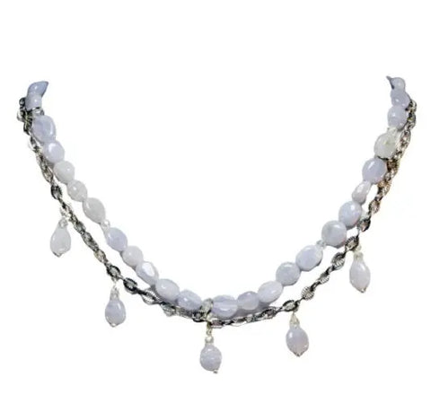 Blue Lace Agate Gemstone Necklace 18 Inch Stainless Steel Chain with Adjustable Clasp | Made in USA Michelle Marie Boutique  Necklace