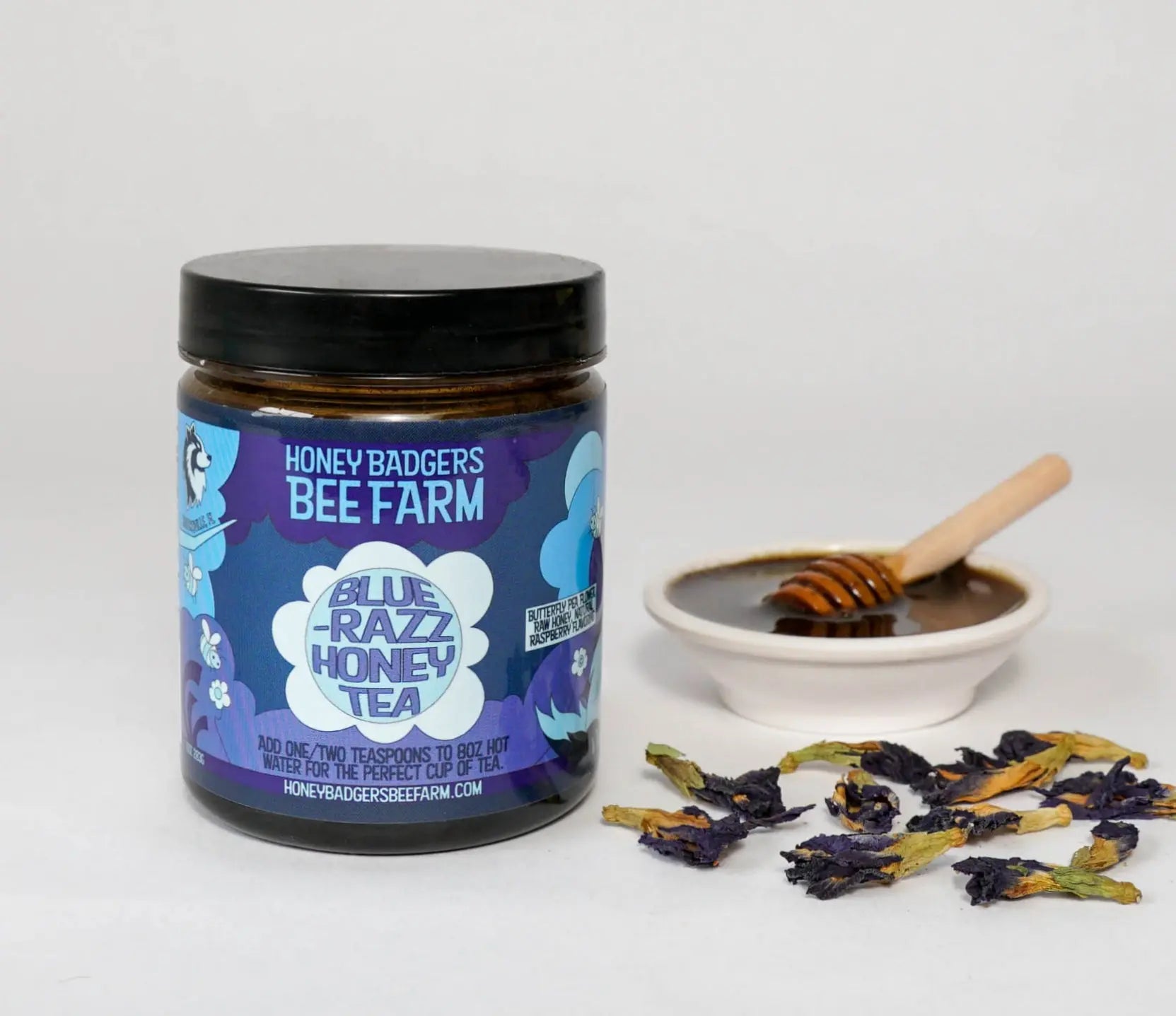 Blue Razz Honey Tea Blend 8oz – Butterfly Pea Flower Infusion with Natural Raspberry Flavor | Made in USA Honey Badgers Bee Farm  All natural Tea
