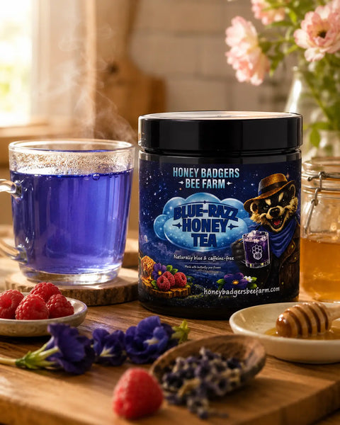 Blue Razz Honey Tea Blend 8oz – Butterfly Pea Flower Infusion with Natural Raspberry Flavor | Made in USA Honey Badgers Bee Farm  All natural Tea