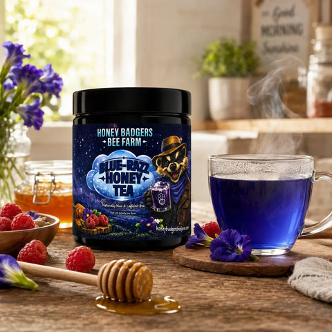 Blue Razz Honey Tea Blend 8oz – Butterfly Pea Flower Infusion with Natural Raspberry Flavor | Made in USA Honey Badgers Bee Farm  All natural Tea