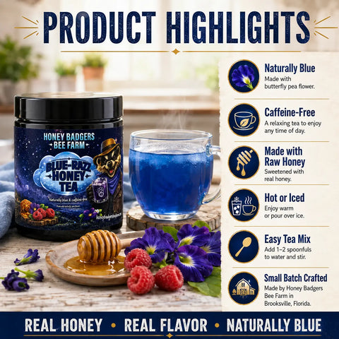 Blue Razz Honey Tea Blend 8oz – Butterfly Pea Flower Infusion with Natural Raspberry Flavor | Made in USA Honey Badgers Bee Farm  All natural Tea