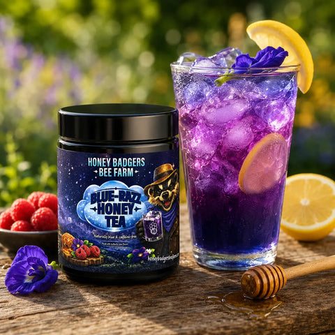 Blue Razz Honey Tea Blend 8oz – Butterfly Pea Flower Infusion with Natural Raspberry Flavor | Made in USA Honey Badgers Bee Farm  All natural Tea