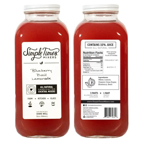 Two bottles of Simple Times Mixers Blueberry Basil Lemonade are shown, featuring this non-alcoholic cocktail mixer made with all natural ingredients. The labels display the flavor, ingredients, nutrition facts, and mixing instructions.