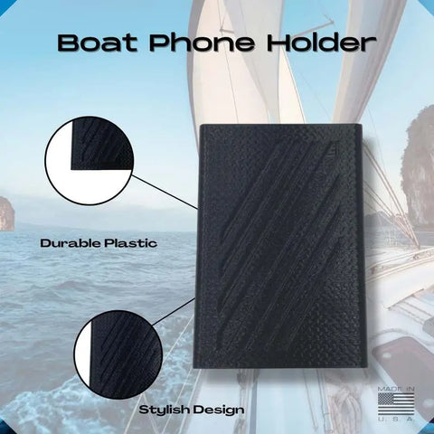 The Chatelet Manufacturing FRESHe Boat Phone Holder in black is shown with close-ups of its durable, weatherproof design. A sailboat and rocky island backdrop highlight how it keeps your phone dry and safe on the water.