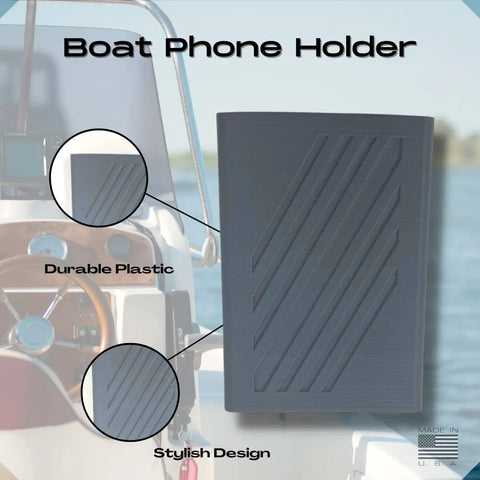 The Chatelet Manufacturing Boat Phone Holder, shown with diagonal grooves in front of a blurred boat steering wheel, features durable plastic and a stylish gray design. Circular insets highlight its quality. Made in USA appears at the bottom right.