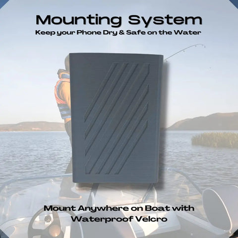 The Chatelet Manufacturing Boat Phone Holder keeps your phone dry and safe on the water. Easily mounts to any boat and holds any phone with waterproof Velcro. Made in USA. Shown while fishing on a lake.