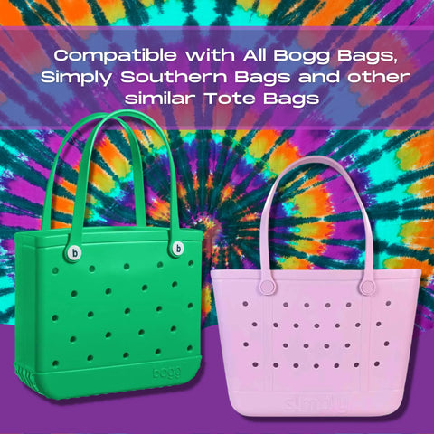 Two pastel tote bags with BOGLETS Carabiner Keys Holder Charm by Chatelet Manufacturing, perfect for securing and organizing keys or valuables in your Bogg Bag, Simply Southern Bag, or other similar totes.