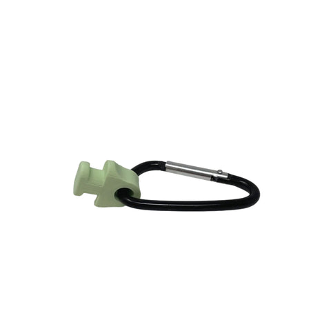 The Chatelet Manufacturing BOGLETS Bogg Bag Carabiner Keys Holder Charm Accessory features a black clip with a light green H-shaped piece, perfect for securing and organizing keys or valuables in your Bogg Bag.