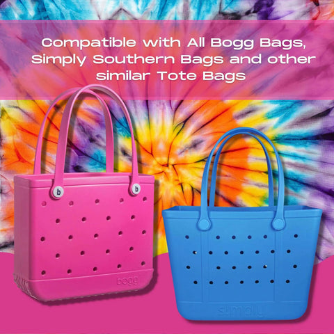 Two perforated beach totes, pink and blue, sit before a bright tie-dye background. Text above: BOGLETS Phone Holder by Chatelet Manufacturing—keeps your phone handy; compatible with all Bogg Bags, Simply Southern, and similar totes.