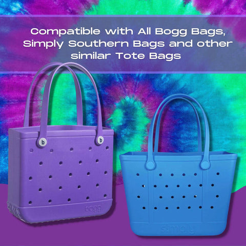 Two BOGLETS Phone Holder Charms from Chatelet Manufacturing are shown on a tie-dye background. Text above reads: Compatible with all rubber beach tote bags, Simply Southern Bags, and similar totes—keep your phone handy with your Bogg Bag!.