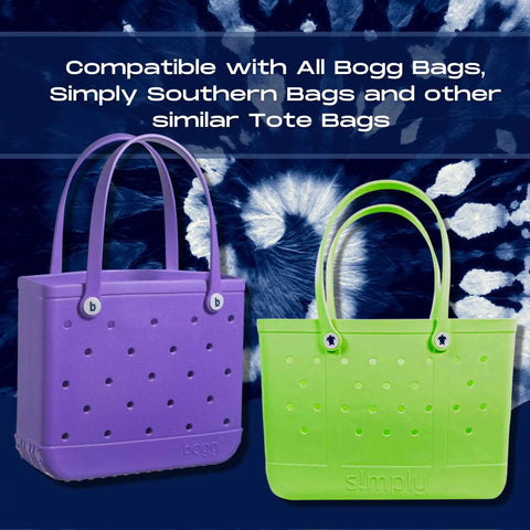 Two perforated rubber tote bags—one purple with “bogg” and one green with “simply”—sit on a blue tie-dye backdrop. Text above promotes BOGLETS by Chatelet Manufacturing, a USA-made phone holder charm compatible with Bogg Bags.