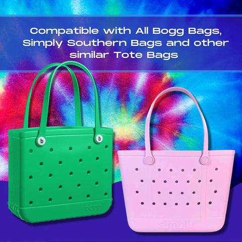 Two BOGLETS flower charm accessories by Chatelet Manufacturing, shown on a tie-dye background, are compatible with Bogg Bags. These cute charms are perfect for customizing totes from brands like Simply Southern.