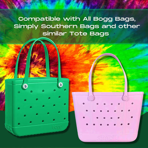 Two bright tote bags, one green and one pink, are shown against a tie-dye backdrop. BOGLETS by Chatelet Manufacturing are perfect decorative charms to personalize your bag—compatible with all Bogg Bags, Simply Southern Bags, and similar totes.