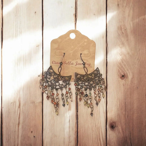 Bohemian Copper Filigree Chandelier Earrings – Poppy Jasper Stone Dangles | Handmade Jewelry Michelle Marie Boutique  Earrings