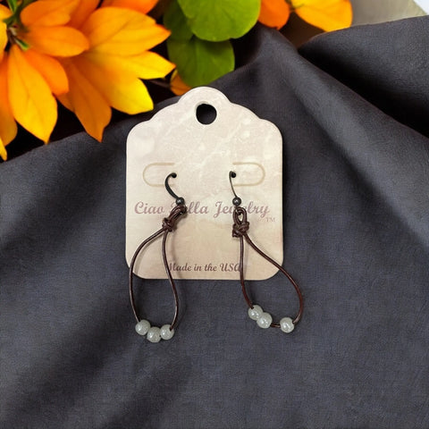 Bohemian Elegance: Leather Loop Earrings With Triple Pearl Beads & Black Hook Michelle Marie Boutique  Earrings