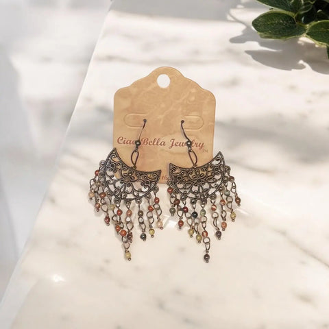 Bohemian Rhapsody: Copper Filigree Chandelier Earrings With Poppy Jasper Mix Michelle Marie Boutique  Earrings