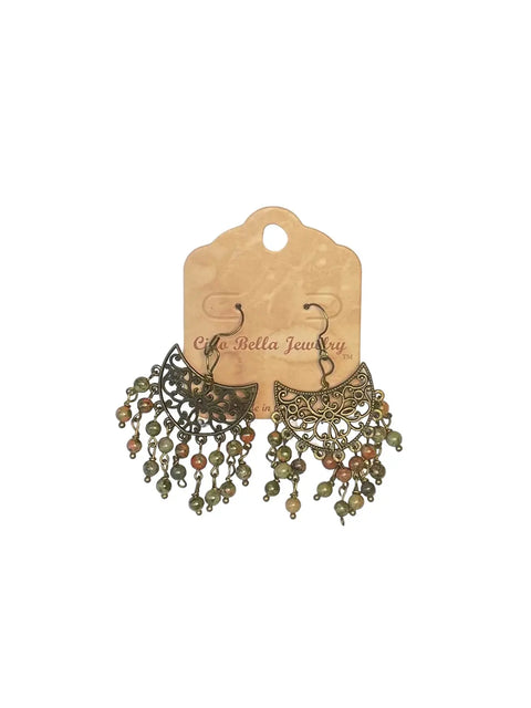 Bohemian Style Gold Filigree Chandelier Earrings With Natural Unakite Beads – Handmade Jewelry | Made in USA Michelle Marie Boutique  Earrings