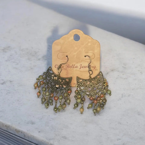 Bohemian Style Gold Filigree Chandelier Earrings With Natural Unakite Beads – Handmade Jewelry | Made in USA Michelle Marie Boutique  Earrings