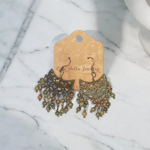 Bohemian Style Gold Filigree Chandelier Earrings With Natural Unakite Beads – Handmade Jewelry | Made in USA Michelle Marie Boutique  Earrings