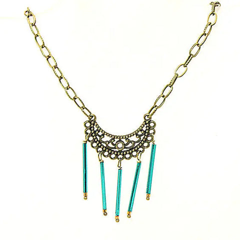 Bohemian Tribal Filigree Pendant Necklace 20 Inch Adjustable Antiqued Brass Chain with Colorful Beads | Made in USA Michelle Marie Boutique  Necklace