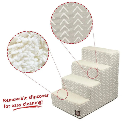 Majestic Pet Boho Arrow 4 Steps Pet Stairs (Heavy-Duty) feature sherpa cushions and a soft, patterned, removable, machine-washable slipcover for easy cleaning. Red circles highlight the step fabric and stair cover.
