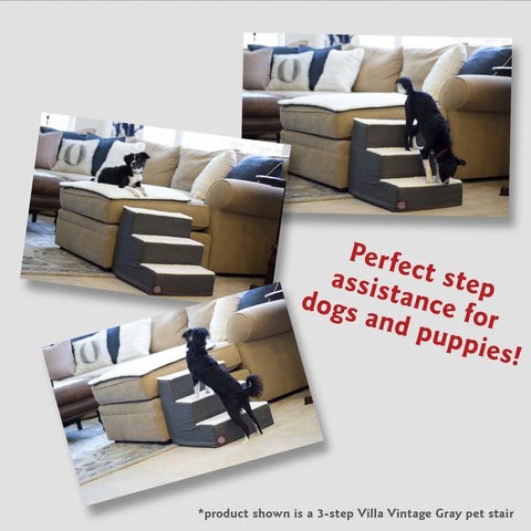 Three photos show a small black and white dog using Majestic Pets Boho Arrow 4 Steps Pet Stairs (Heavy-Duty) to climb onto a beige sofa. Text reads: Perfect step assistance for dogs and puppies! Features cozy, stylish 4-step pet stairs.