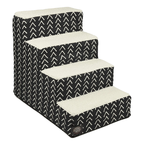 The Majestic Pet Boho Arrow 4 Steps Pet Stairs feature a black base, white chevron pattern, plush sherpa cushions, and a machine-washable slipcover—perfect for helping small pets reach higher surfaces while staying clean.