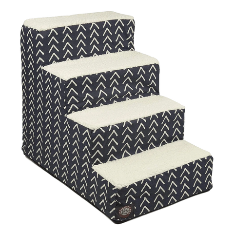 The Majestic Pet Boho Arrow 4 Steps Pet Stairs (Heavy-Duty) features a black-and-white arrow pattern, soft sherpa cushions, and a machine-washable slipcover for easy cleaning—perfect for helping pets reach beds or couches.