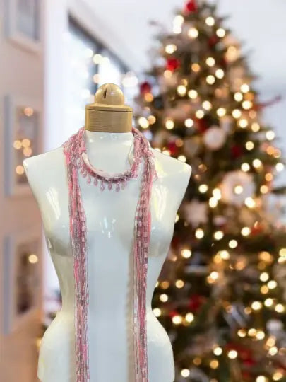 Boho Beaded Lightweight Mohair Scarf Necklace - Dark Pink, Light Pink With Beads Michelle Marie Boutique  Scarf