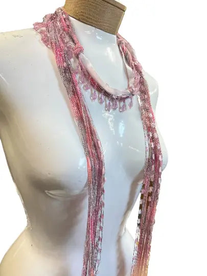 Boho Beaded Lightweight Mohair Scarf Necklace - Dark Pink, Light Pink With Beads Michelle Marie Boutique  Scarf