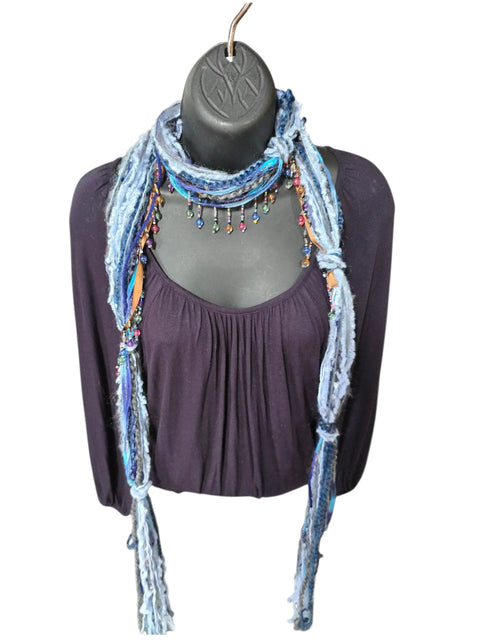 Boho Beaded Lightweight Mohair Scarf Necklace - Navy and Blue Michelle Marie Boutique  Scarf