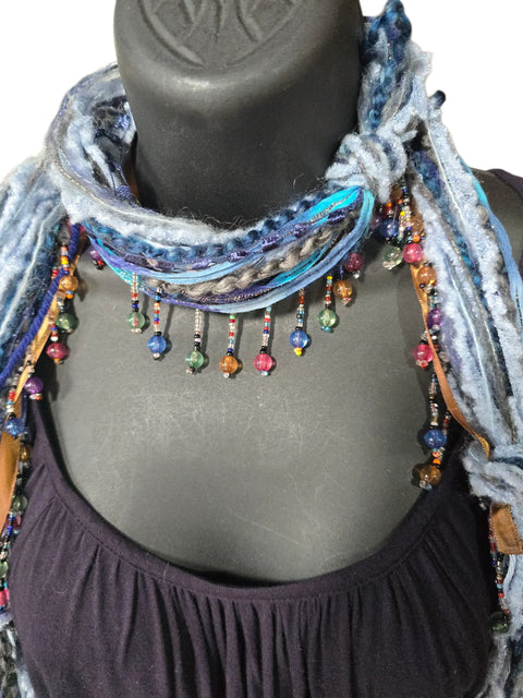 Boho Beaded Lightweight Mohair Scarf Necklace - Navy and Blue Michelle Marie Boutique  Scarf