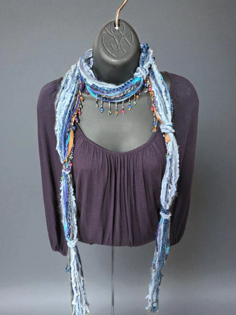Boho Beaded Lightweight Mohair Scarf Necklace - Navy and Blue Michelle Marie Boutique  Scarf