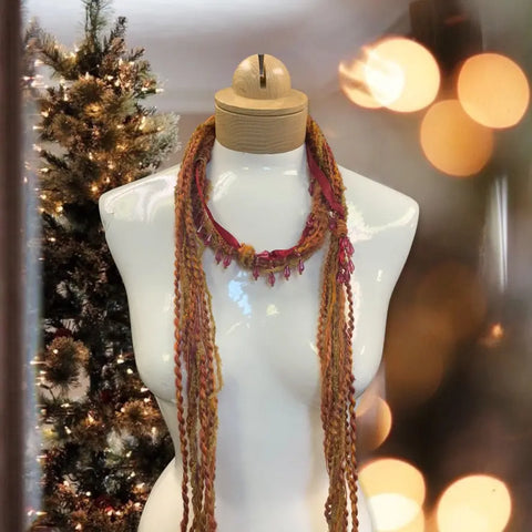 Boho Beaded Lightweight Mohair Scarf Necklace - Orange and Red Michelle Marie Boutique  Scarf
