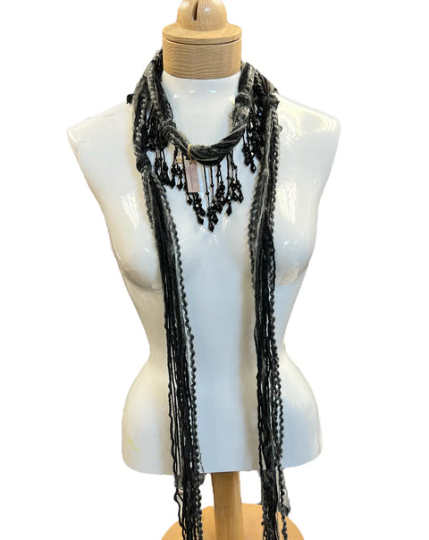 Boho Beaded Mohair Scarf Necklace Lightweight Silk Blend in Black Gray – Artisan Accessory | Made in USA Michelle Marie Boutique  Scarf