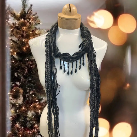 Boho Beaded Mohair Scarf Necklace Lightweight Silk Blend in Black Gray – Artisan Accessory | Made in USA Michelle Marie Boutique  Scarf