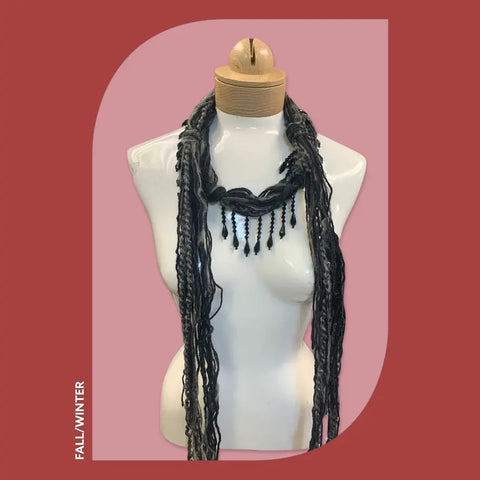 Boho Beaded Mohair Scarf Necklace Lightweight Silk Blend in Black Gray – Artisan Accessory | Made in USA Michelle Marie Boutique  Scarf