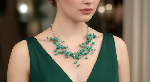 Boho Chic Gemstone Statement Necklace – Amethyst Malachite Amazonite Spray Design 19 Inch | Made in USA Michelle Marie Boutique  Necklace