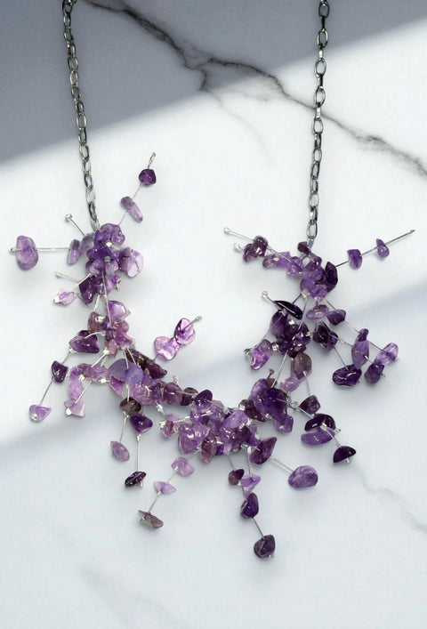 Boho Chic Gemstone Statement Necklace – Amethyst Malachite Amazonite Spray Design 19 Inch | Made in USA Michelle Marie Boutique  Necklace