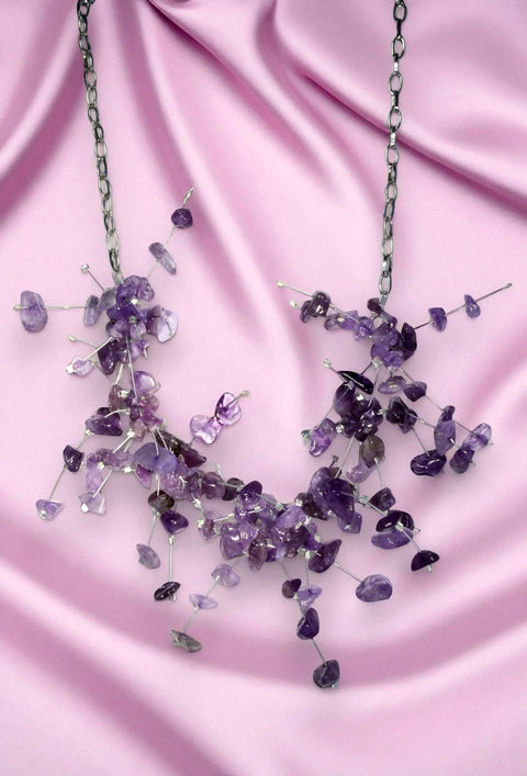 Boho Chic Gemstone Statement Necklace – Amethyst Malachite Amazonite Spray Design 19 Inch | Made in USA Michelle Marie Boutique  Necklace