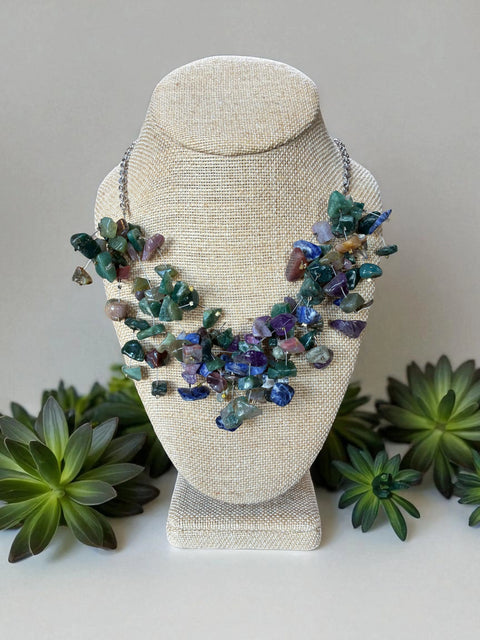 Boho Chic Gemstone Statement Necklace – Amethyst Malachite Amazonite Spray Design 19 Inch | Made in USA Michelle Marie Boutique  Necklace