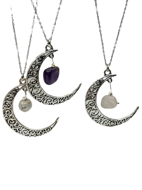 Boho Gemstone Crescent Moon Pendant Necklace – Adjustable 16 Inch Stainless Steel Chain | Made in USA Michelle Marie Boutique  Necklace